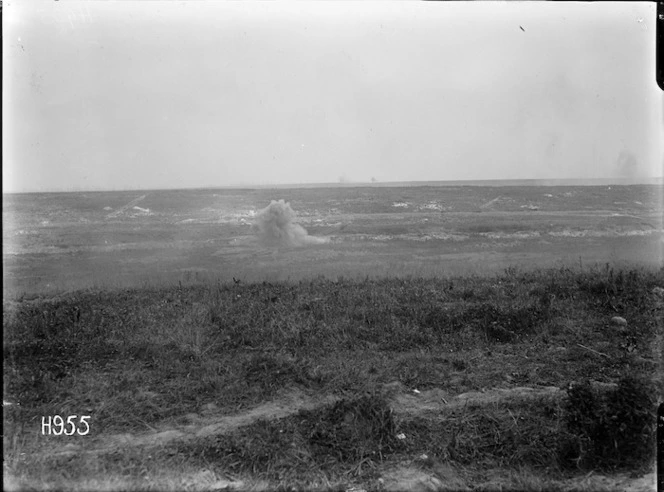 A German shell bursting near the NZRB support line in France, World War I