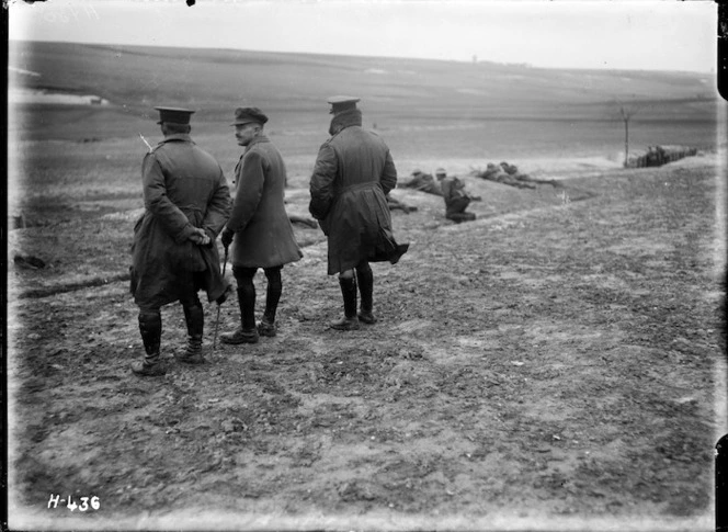 The New Zealand Commander with officers at field operations in Belgium, World War I