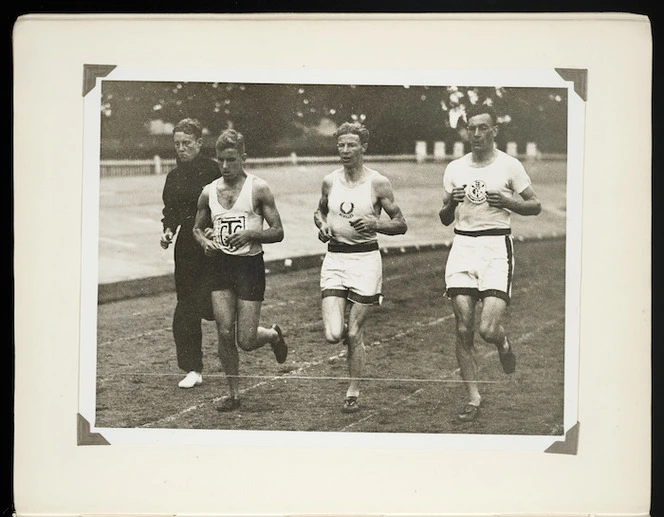 Photograph of Jack Lovelock training with Pat Boot and Cecil Matthews of the New Zealand Olympic team, and Jerry Cornes