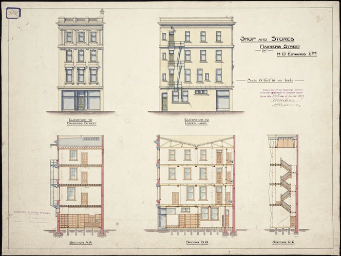 Crichton & McKay :Shop and stores, Manners Street, for H D Edwards Esq. 1907