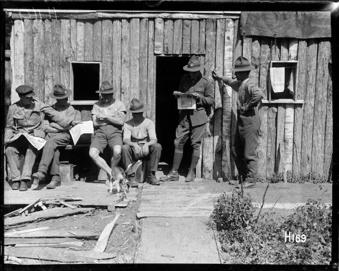 World War I New Zealand soldiers engaged in forestry work outside their shantys