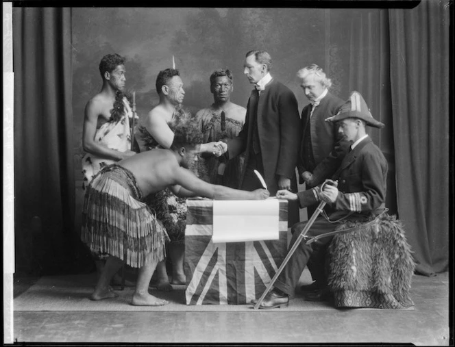 Tableau, re-enacting the signing of the Treaty of Waitangi, at the East and West Missionary Exhibition, Wellington Town Hall