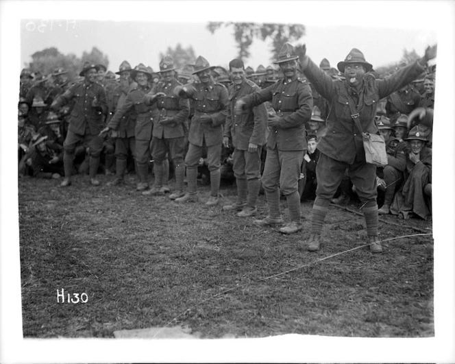 Maori soldiers give haka at the New Zealand Division boxing championships in Doulieu, France during World War I