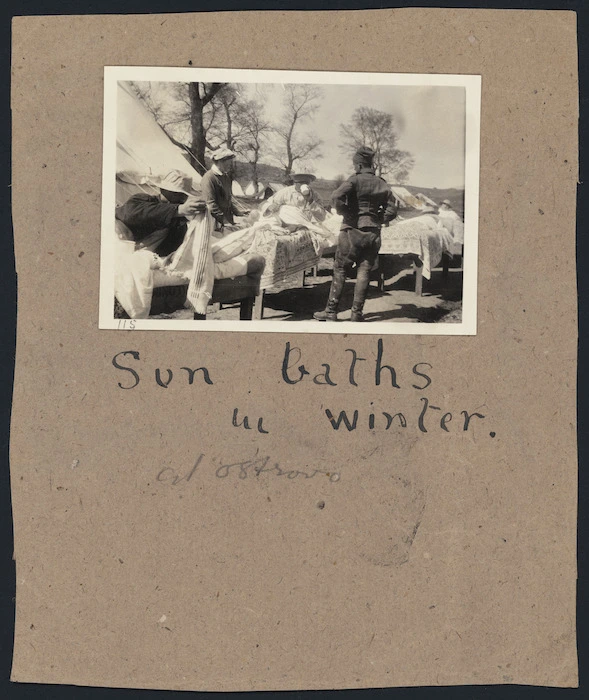 Patients taking sun baths at the main hospital camp of the 7th Medical Unit of the Scottish Women's Hospitals for Foreign Service, at Ostrovo, Macedonia, Serbia, during World War I