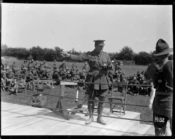 Colonel Plugge at the New Zealand Division boxing championships held in France, World War I