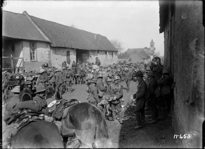World War I New Zealand soldiers in a French village on the Somme