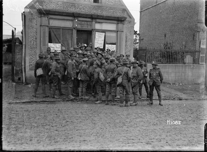 Soldiers outside the New Zealand YMCA rooms in Beauvois, France, World War I