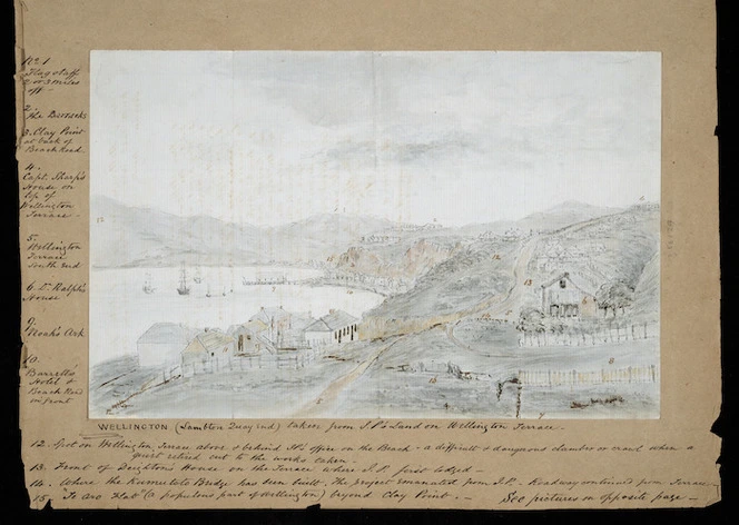 Pearse, John, 1808-1882 :Wellington (Lambton Quay end) taken from J. P.'s land on Wellington Terrace [1855]