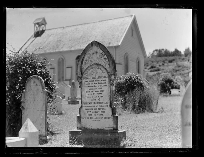 Gravestone of Hannah King Letheridge, first white woman born in New Zealand, and her granddaughter, Florence Leah Mountain, Russell, Bay of Islands