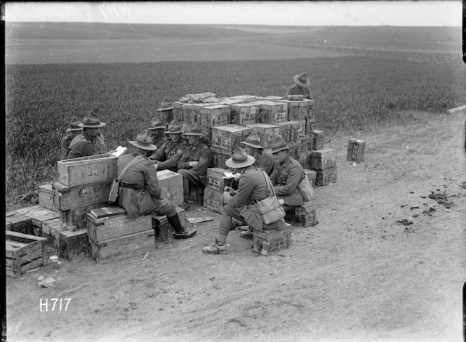 A New Zealand machine gun company receives instruction in the transport lines, France
