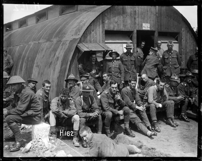 Men of a New Zealand Field Ambulance Brigade outside the mess room, World War I