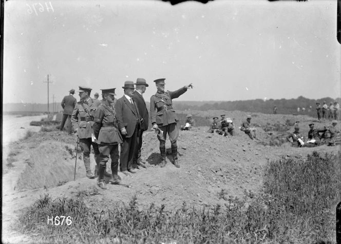 Prime Minister William Massey and Sir Joseph Ward observe New Zealand tactical exercises, Bois-de-Warnimont, France
