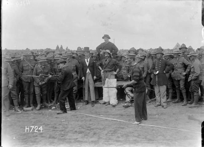 Soldiers in fancy dress costume at the New Zealand Divisional Sports, Authie, World War I