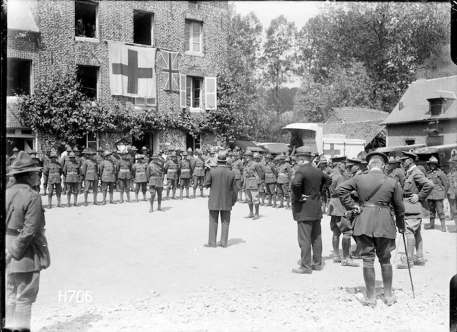 Sir Joseph Ward addresssing personnel of a New Zealand Field Ambulance during World War I, Authie, France