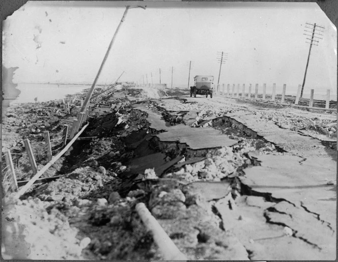 View of the Napier-Gisborne main highway, with the Westshore Bridge in the foreround, after the earthquake