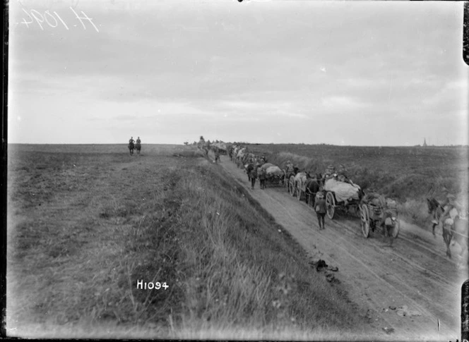 New Zealand transport passing through recaptured Bapaume, World War I