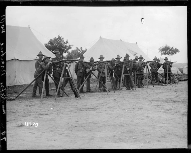Soldiers instructed in rifle shooting at a New Zealand camp in England, World War I