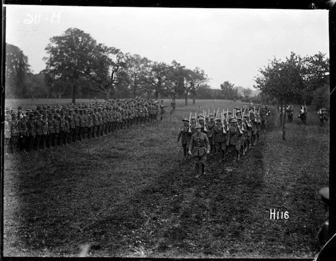 New Zealand Division soldiers marching at medal ceremony, World War I