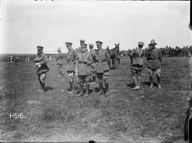 Officers watching an event at the New Zealand Infantry Brigade horse show, France