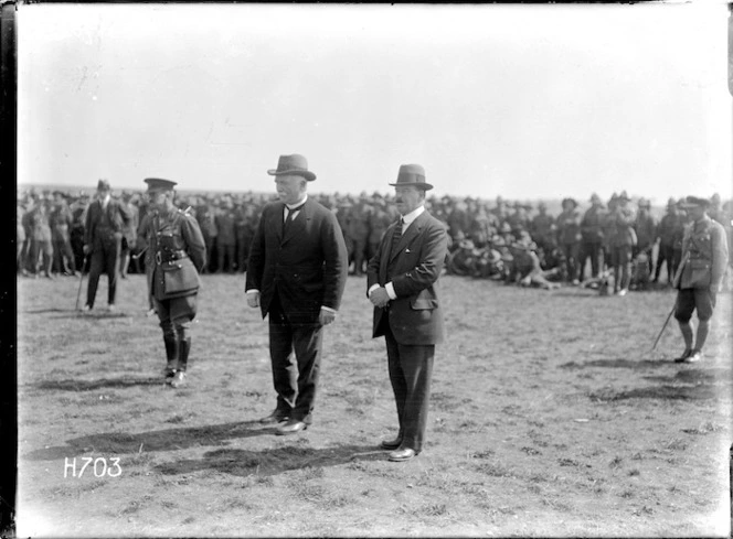 Prime Minister William Massey and Sir Joseph Ward visit New Zealand troops in the field, Bois-de-Warnimont, France