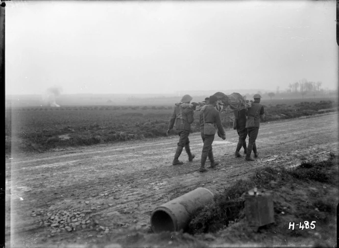 Bringing in the wounded under fire during World War I, France