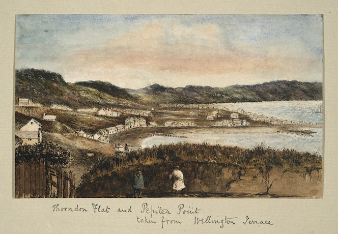Pearse, John 1808-1882 :[Views of Wellington ca 1852]. Thorndon Flat and Pepitea Point taken from Wellington Terrace.