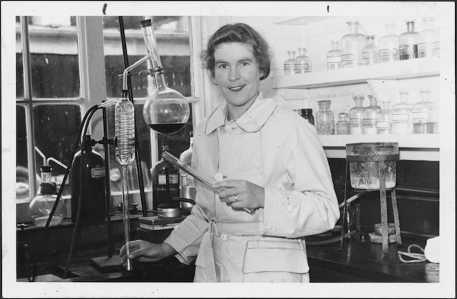 Dr Greta Barbara Stevenson in a laboratory, location unidentified