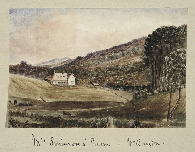 Pearse, John 1808-1882 :[Views of Wellington ca 1852]. Mrs Simmons' Farm - Wellington.