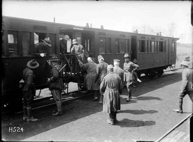 Wounded German prisoners boarding a train, Louvencourt, France
