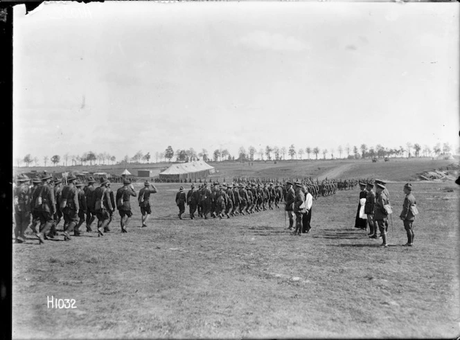 The salute after a New Zealand Brigade church service in France, World War I