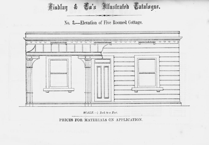 Findlay & Co. :Findlay and Co's illustrated catalogue. No. 8. Elevation of five roomed cottage. Scale 1/4 inch to a foot. Prices for material on application. [1874]