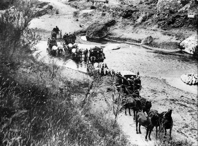 Coaches crossing the Devil's Elbow on the road between Tutira, Napier and Wairoa