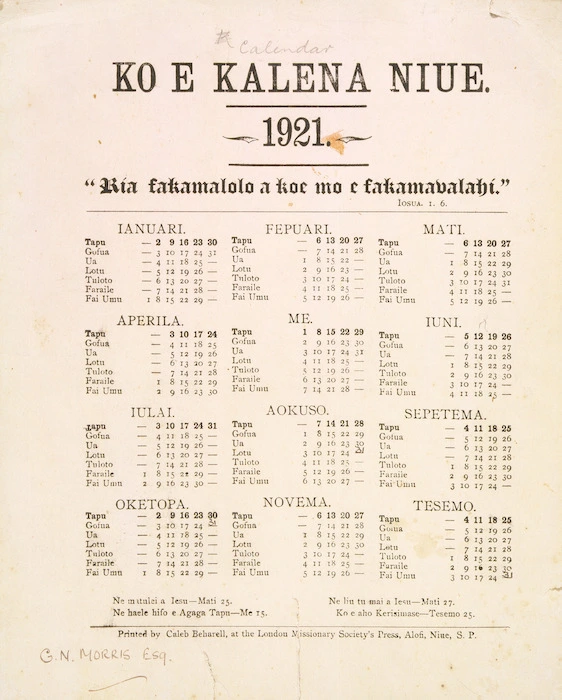Ko e Kalena Niue. 1921.