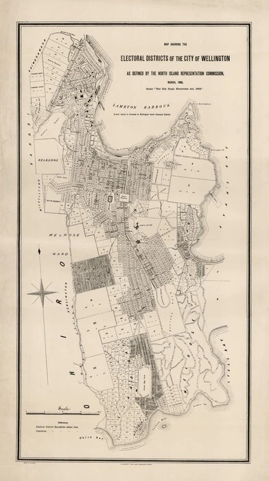 Map showing the electoral districts of the city of Wellington as defined by the North Island Representation Commission, March 1905 : under "The City Single Electorates Act, 1903."