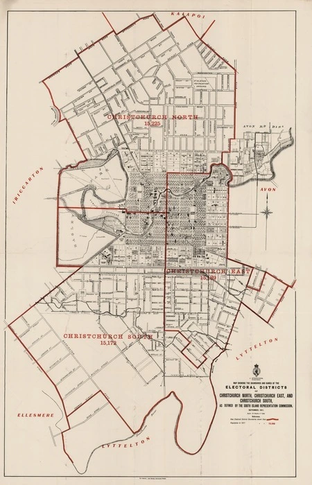 Map showing the boundaries and names of the electoral districts of Christchurch North, Christchurch East, and Christchurch South as defined by the South Island Representation Commission, September 1911.