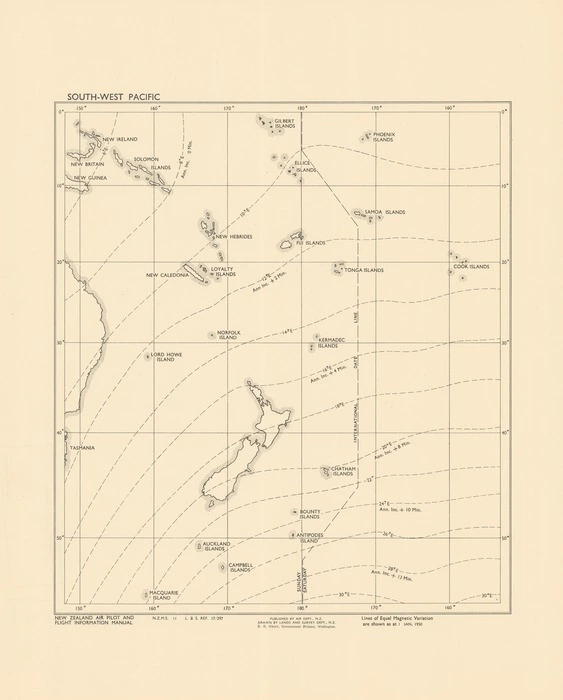 South-west Pacific : [magnetic anomalies map] / drawn by Lands and Survey Dept., N.Z.