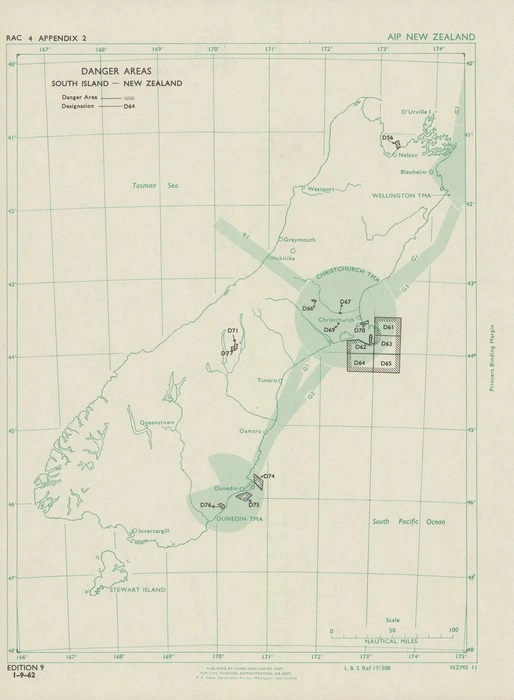 Danger areas. South Island, New Zealand.