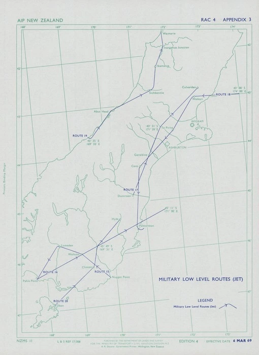 Military low level routes (jet). [Lower South Island, New Zealand].