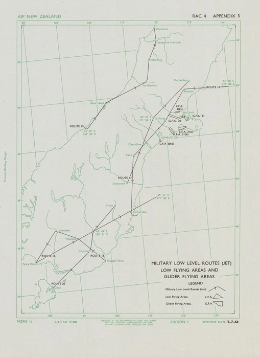 Military low level routes (jet), low flying areas and glider flying areas. [Lower South Island, New Zealand].