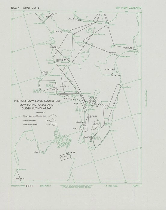 Military low level routes (jet), low flying areas and glider flying areas. [Central New Zealand].