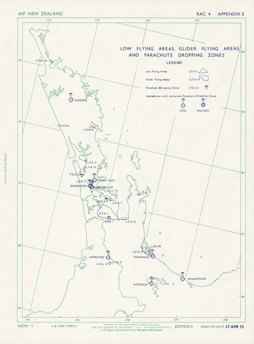 Low flying areas, glider flying areas and parachute dropping zones. [Upper North Island New Zealand].