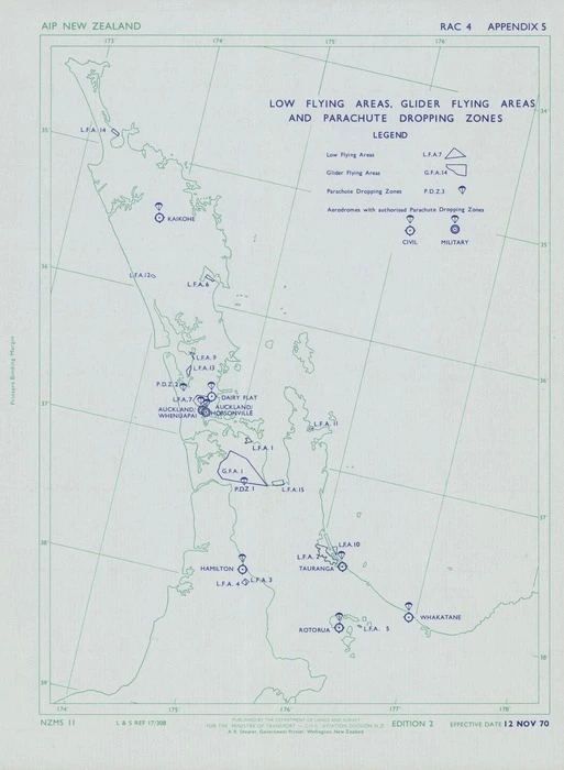 Low flying areas, glider flying areas and parachute dropping zones. [Upper North Island New Zealand].