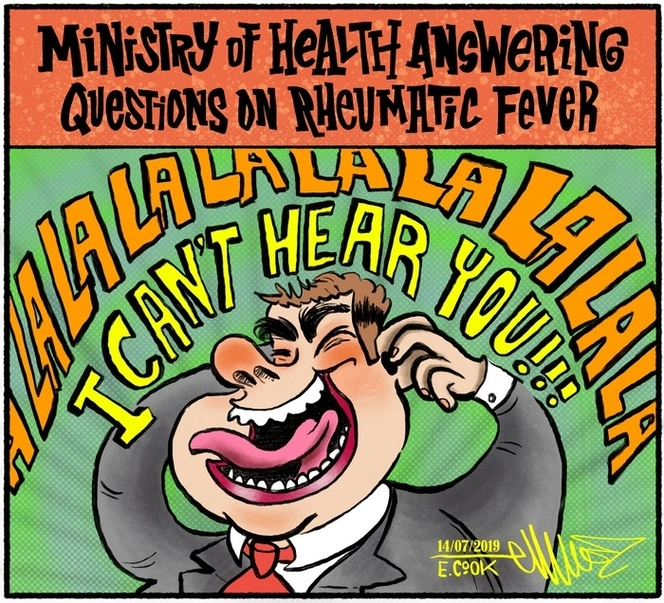 A laughing man from Ministry of Health blocks his ears as he's asked questions on rheumatic fever [amongst Māori]