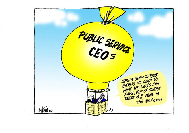 Two men in the yellow "Public Service CEOs" hot air balloon float up to the "limit on what CEO's can earn" sky