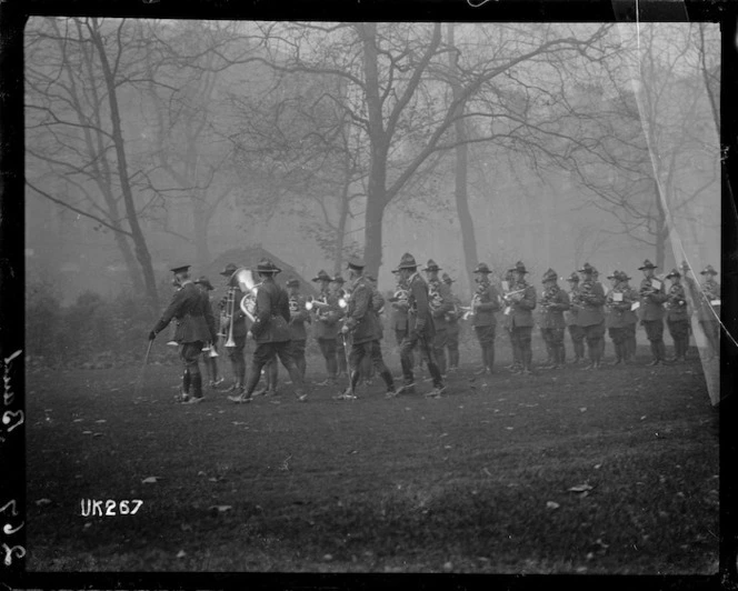 New Zealand Engineers band with inspecting officers, England