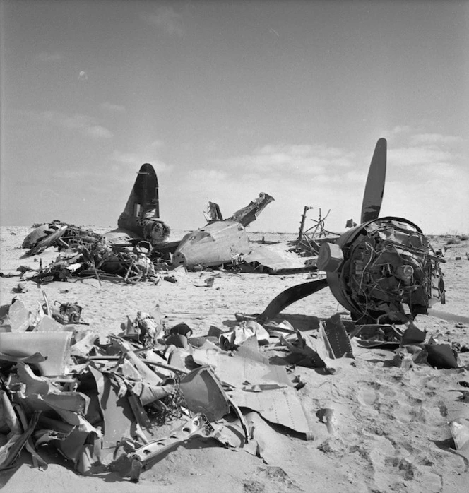 Wrecked planes at an enemy occupied aerodrome in Fuka, Egypt, during World War II