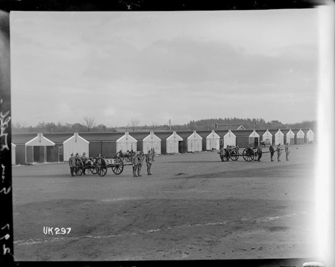 New Zealand Artillery soldiers with gun carriages, Ewshot