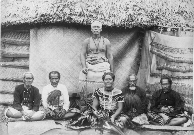 Andrew, Thomas, 1855-1939 :Mata'afa Iosefa, his wife, and principal chiefs at Malie, Samoa.
