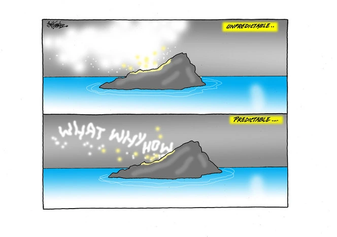 An "unpredictable" eruption on White Island contrasted with a "predictable" eruption of "what, why, how" smoke