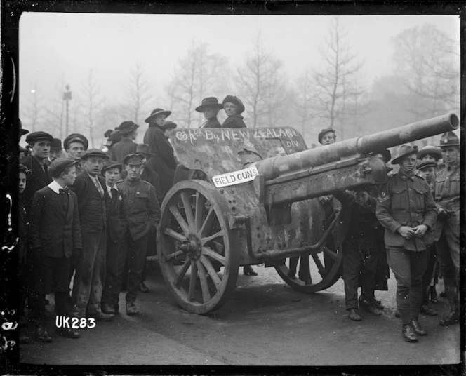 A field gun captured by the New Zealand Division on display in London at the end of World War I